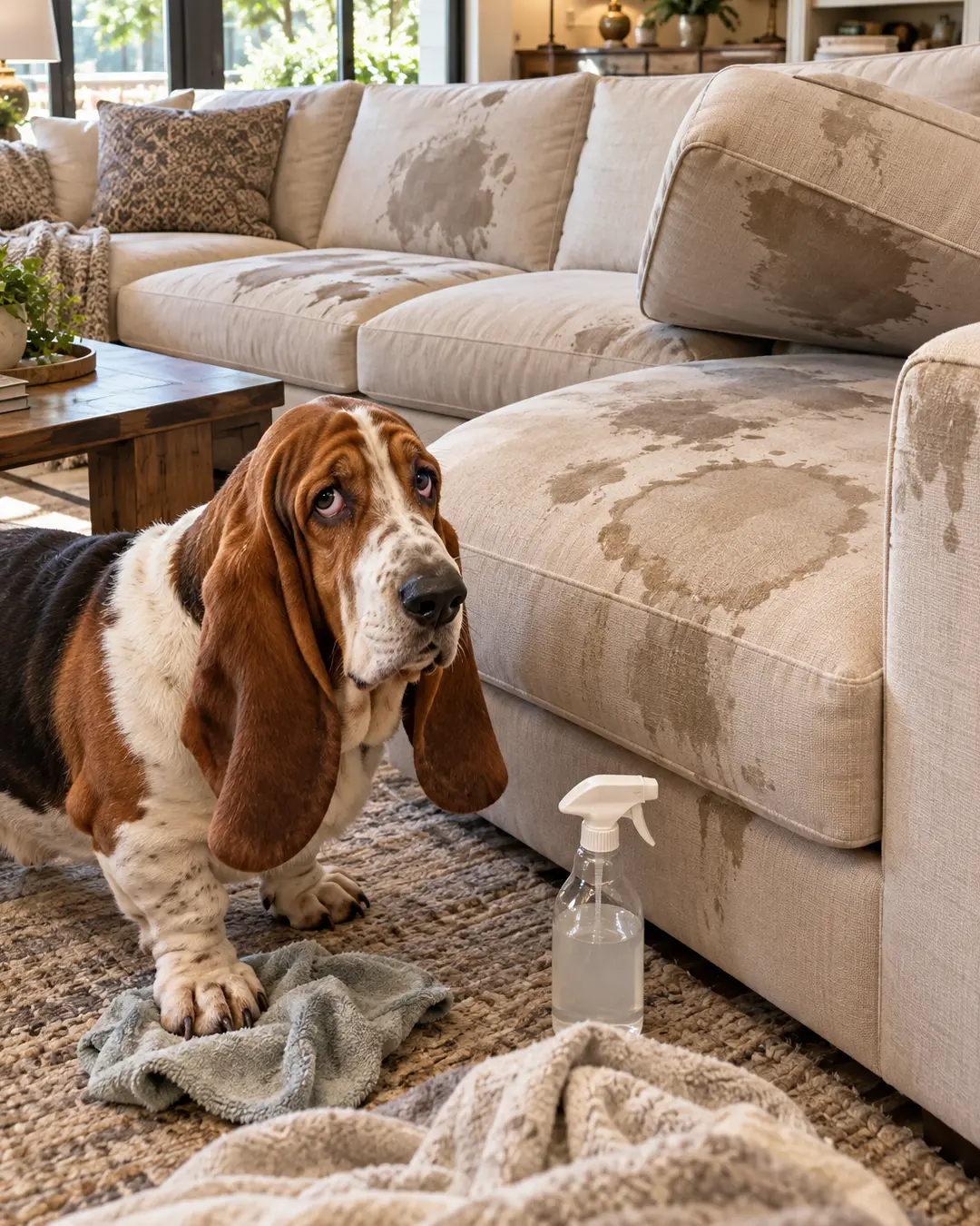 A miserable Basset Hound stares at enormous drool stains covering a beautiful cream sectional, with cleaning spray and towels ready for a hopeless cleanup.