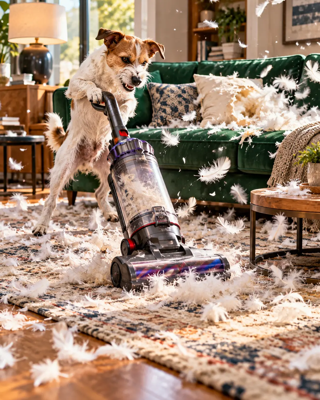 A frustrated Jack Russell battles a vacuum cleaner as feathers fly everywhere from a shredded pillow, turning a beautiful living room into complete chaos.