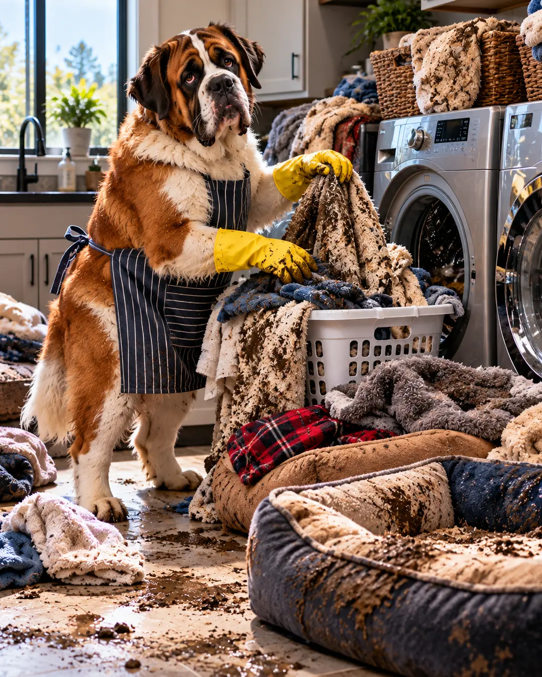 An overwhelmed Saint Bernard in an apron and rubber gloves tackles mountains of muddy laundry, filthy dog beds and blankets in a chaotic laundry room. Do you like this personality?