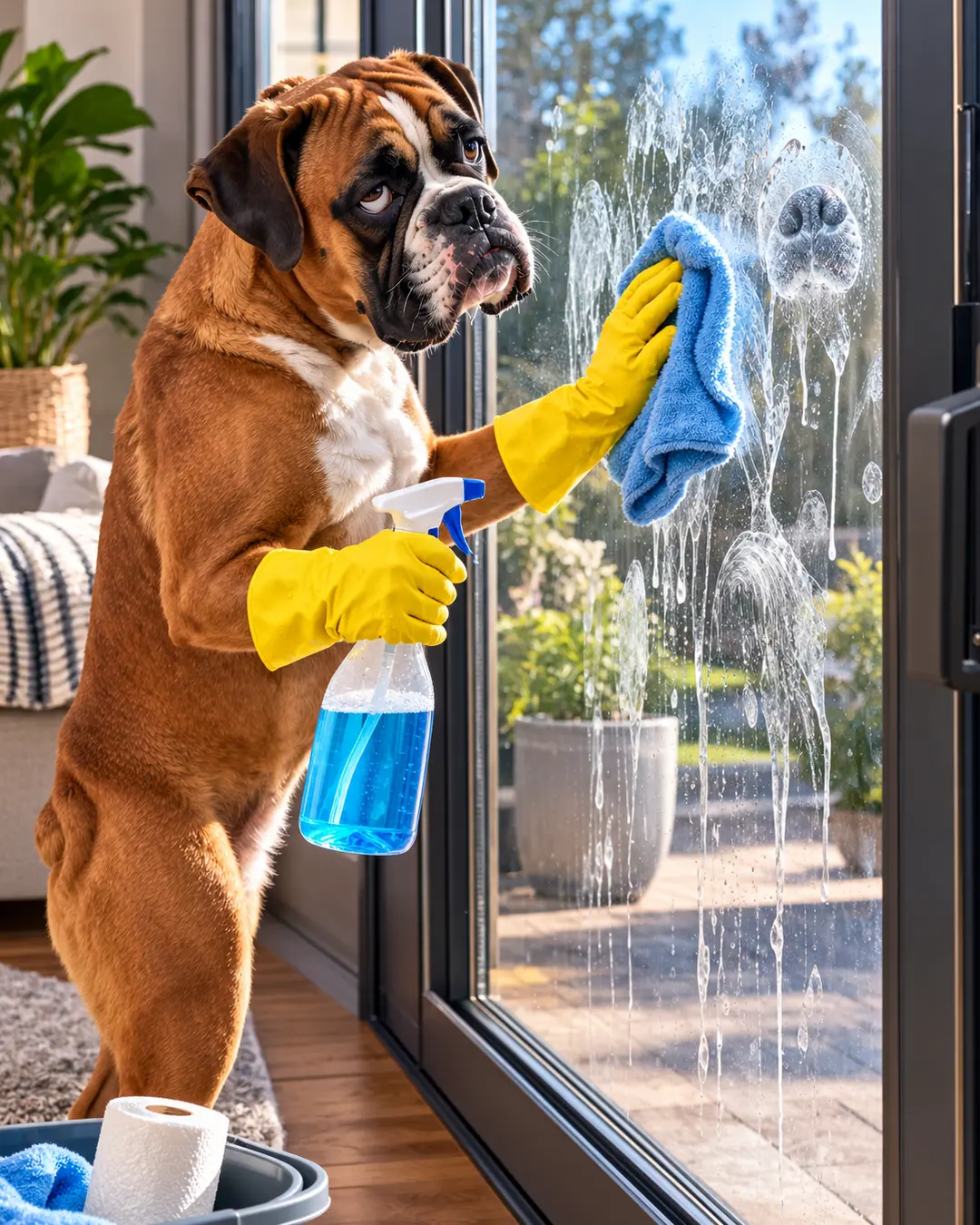 A fed-up Boxer in yellow rubber gloves scrubs slobber and muddy nose prints from a glass patio door, discovering just how difficult his own mess is to clean.