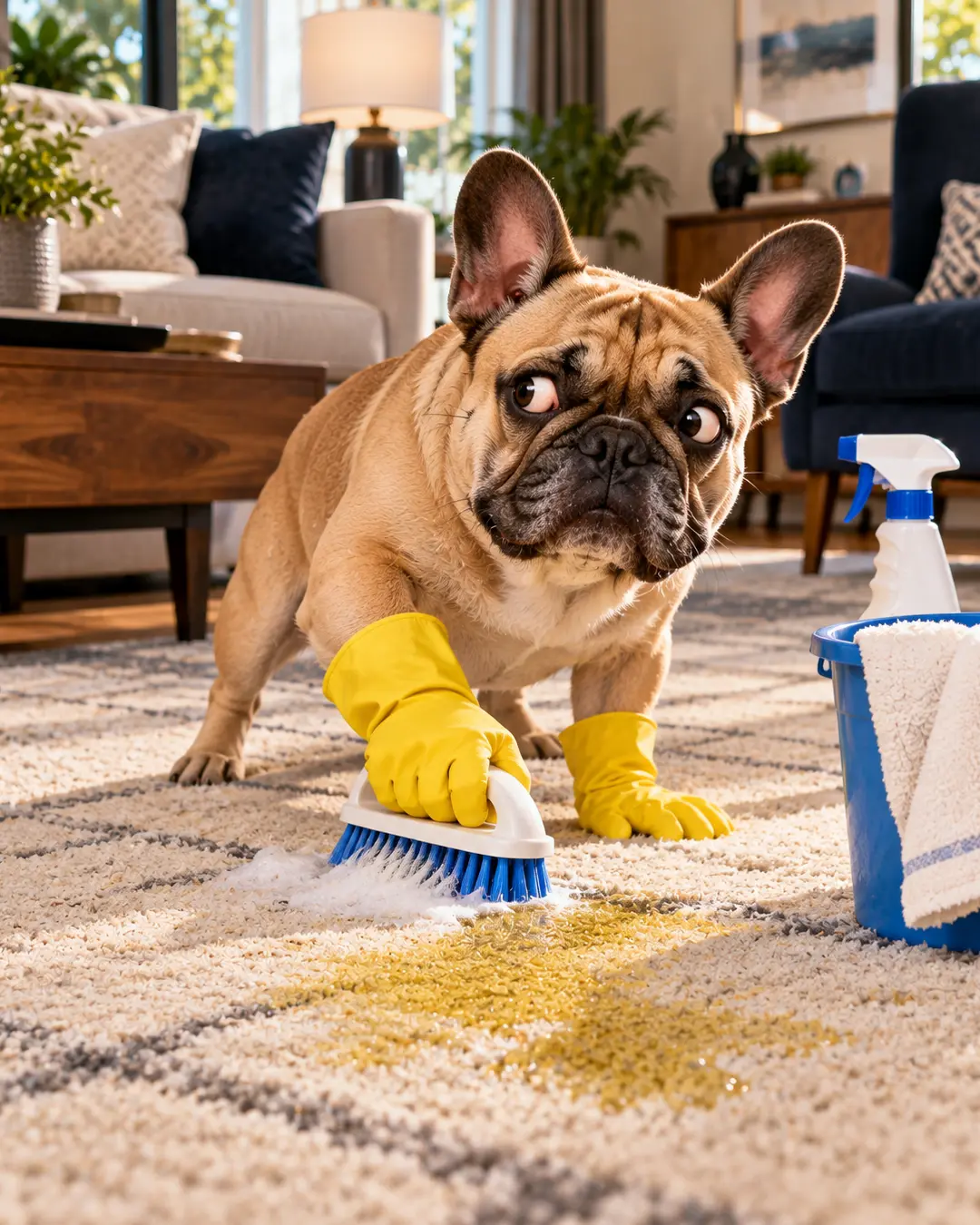 A suspicious French Bulldog in yellow rubber gloves scrubs a mysterious yellow stain from the carpet, looking thoroughly disgusted by his own mess.