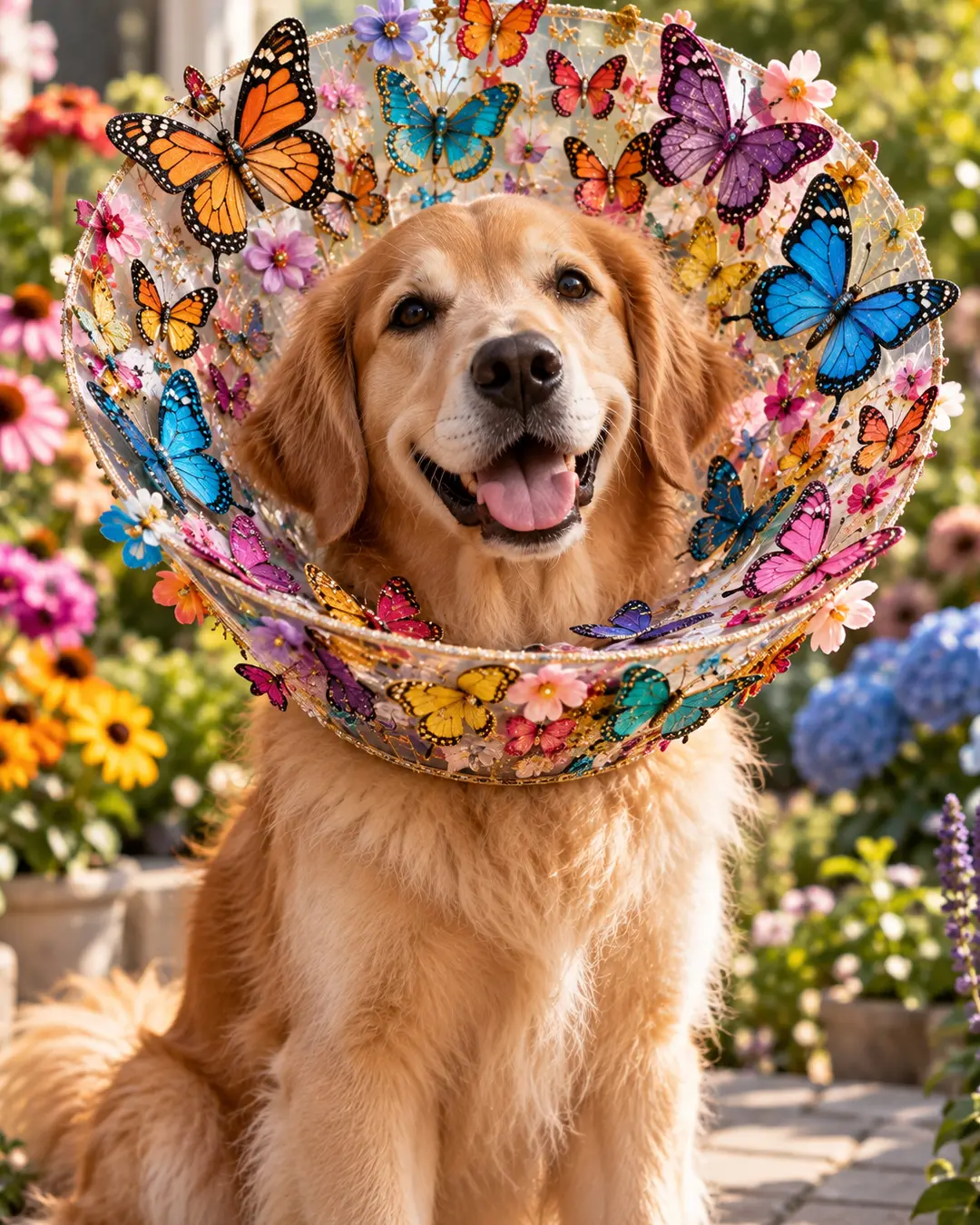 A cheerful Golden Retriever wears a transparent cone decorated with colourful butterflies and delicate flowers in a beautiful sunlit garden.