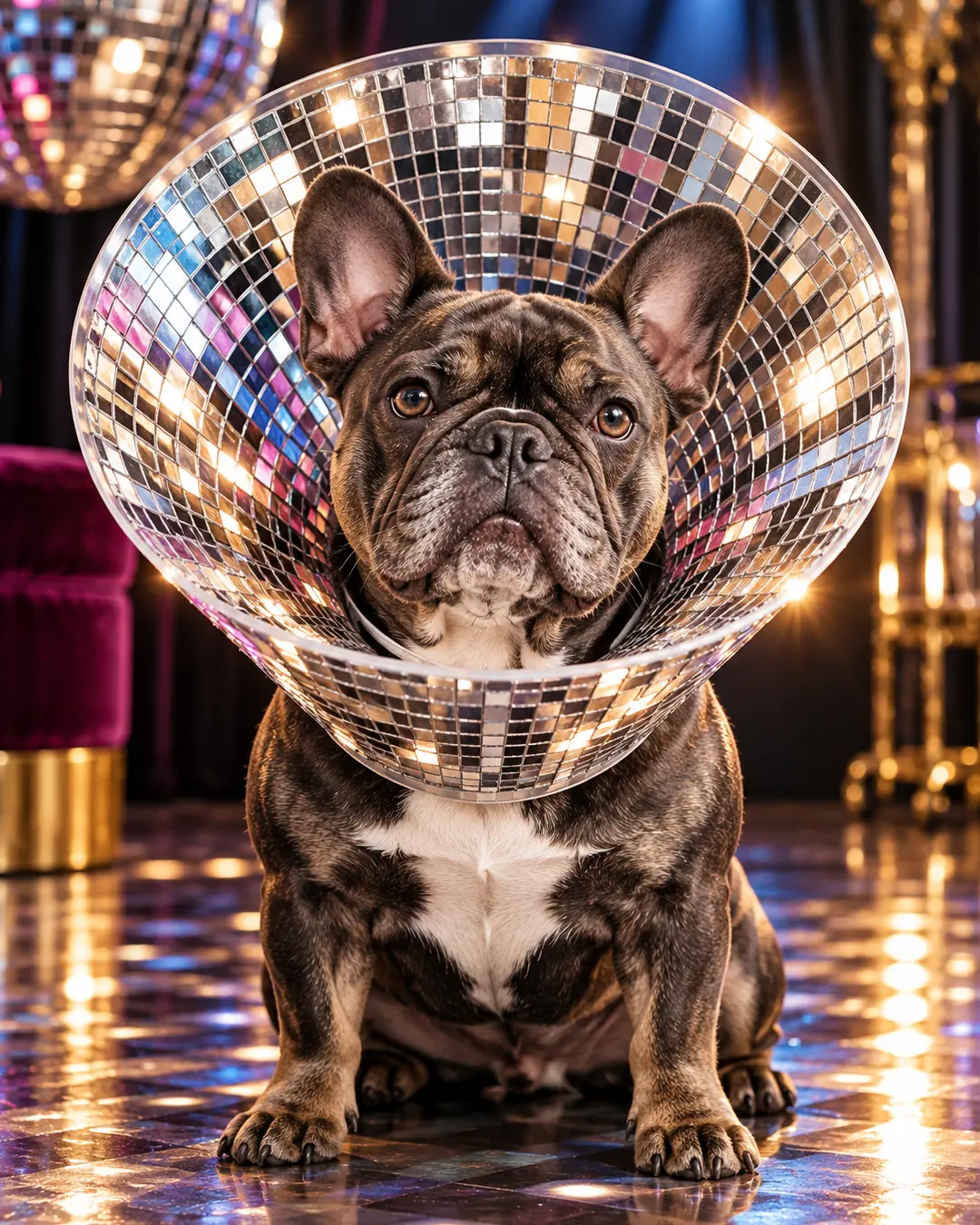 A French Bulldog wears a dazzling mirrored disco-ball cone, surrounded by colourful lights and glittering reflections on a glamorous dance floor.
