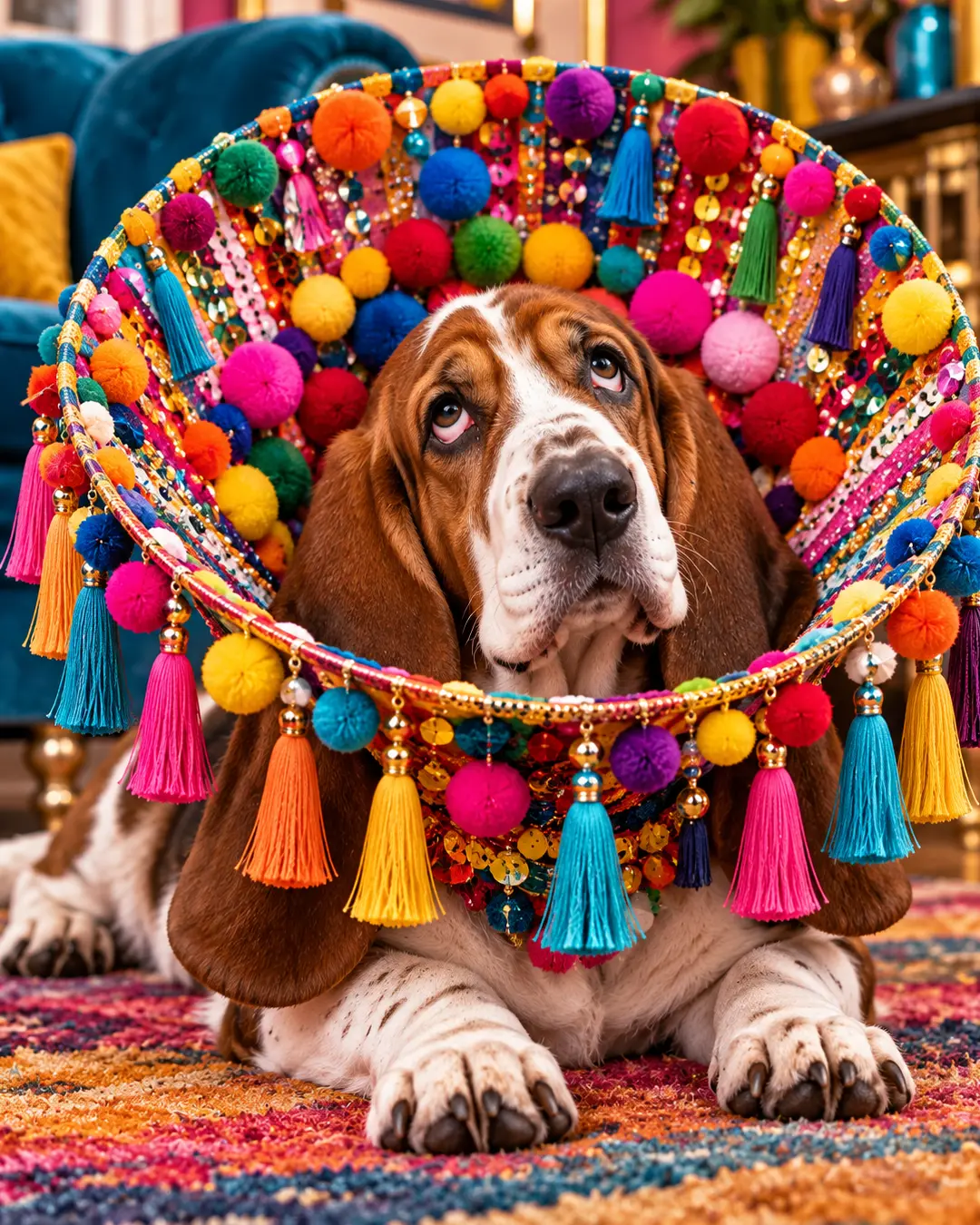 A Basset Hound wears a colourful, oversized cone decorated with bright pom-poms, tassels, and sequins while lounging on a vibrant patterned rug.