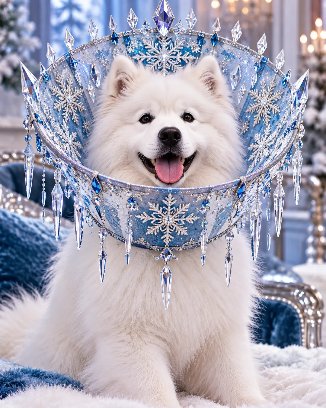 A fluffy white Samoyed wears a sparkling ice-blue cone adorned with crystal icicles and silver snowflakes in an elegant winter wonderland.