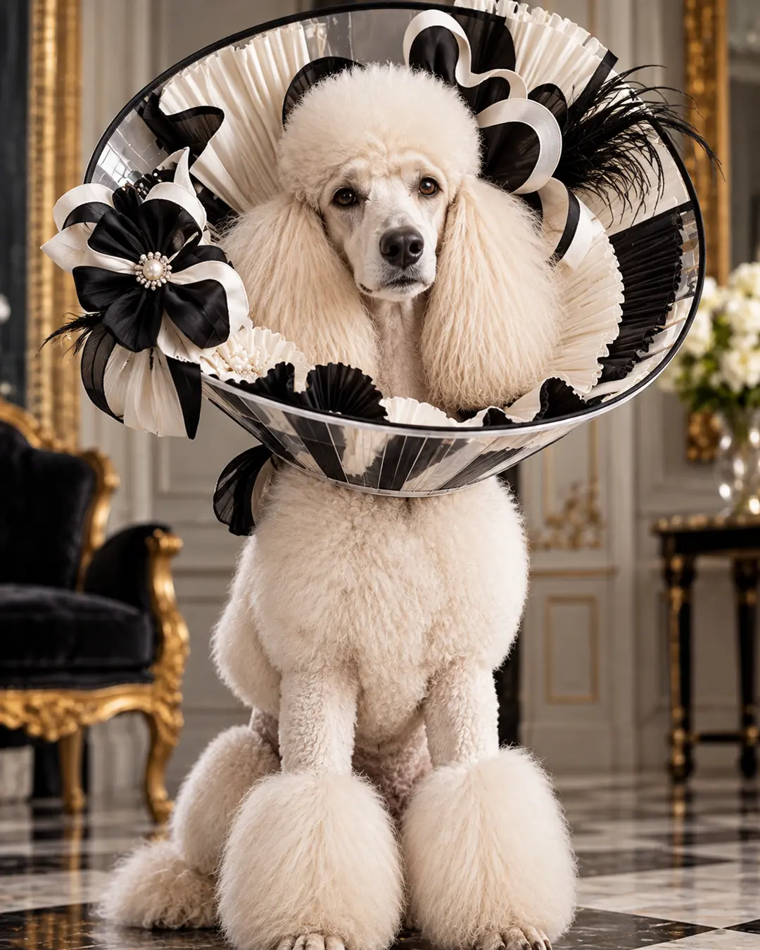 A regal white Poodle wears an extravagant black-and-white couture cone adorned with satin ribbons, pearls, and feathers in an elegant Parisian salon.
