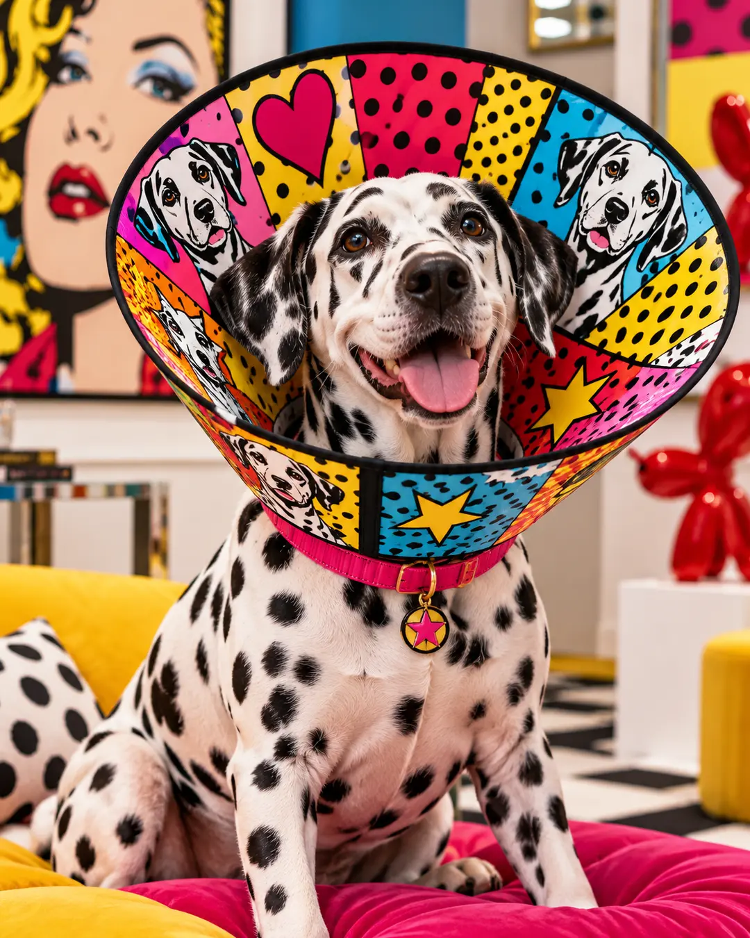 A cheerful Dalmatian wears a vibrant pop-art cone featuring colourful comic-book portraits, hearts, and stars in a bold, contemporary art gallery.