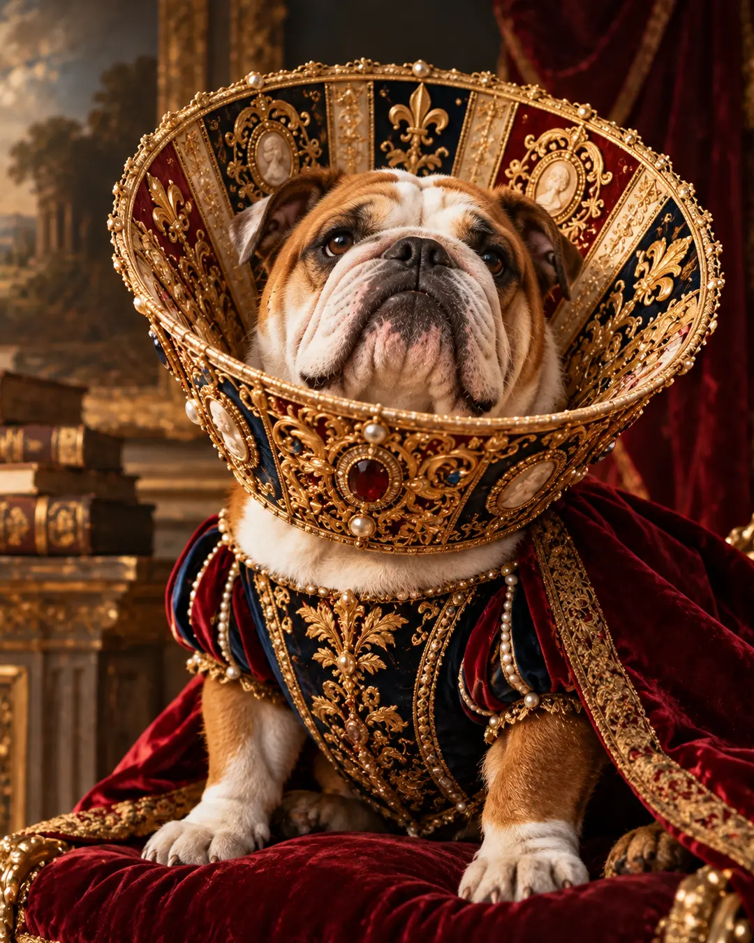 A regal English Bulldog wears an ornate Renaissance-inspired cone decorated with gold filigree, pearls, and jewels while posing on a velvet throne.
