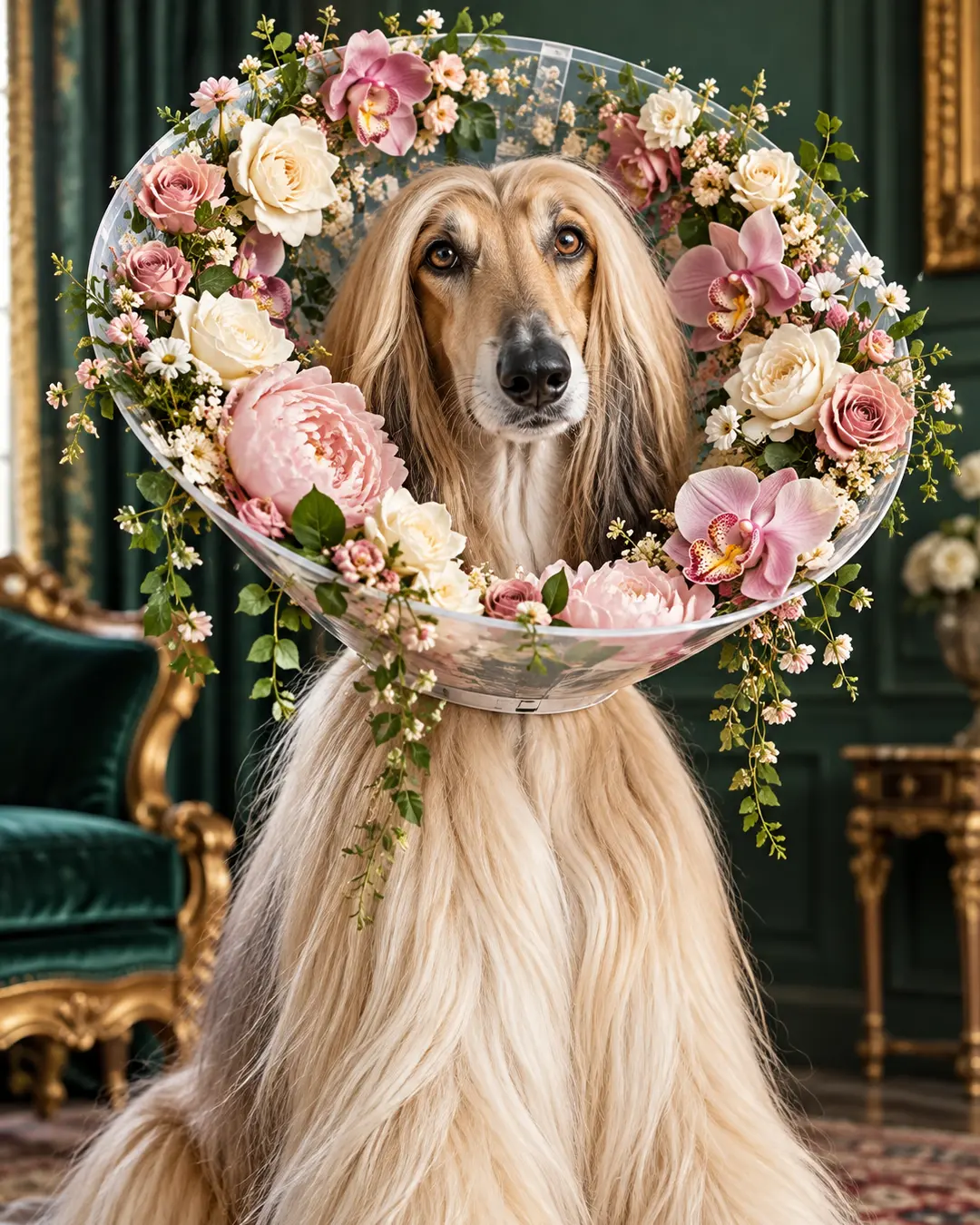An elegant Afghan Hound wears a transparent cone adorned with pink orchids, roses, and lush greenery in a luxurious emerald-green room.