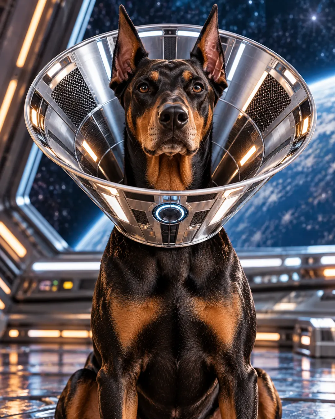 A futuristic Doberman wears a metallic, illuminated space-age cone aboard a sleek spacecraft, with Earth and a star-filled galaxy in the background. Is this conversation helpful so far?