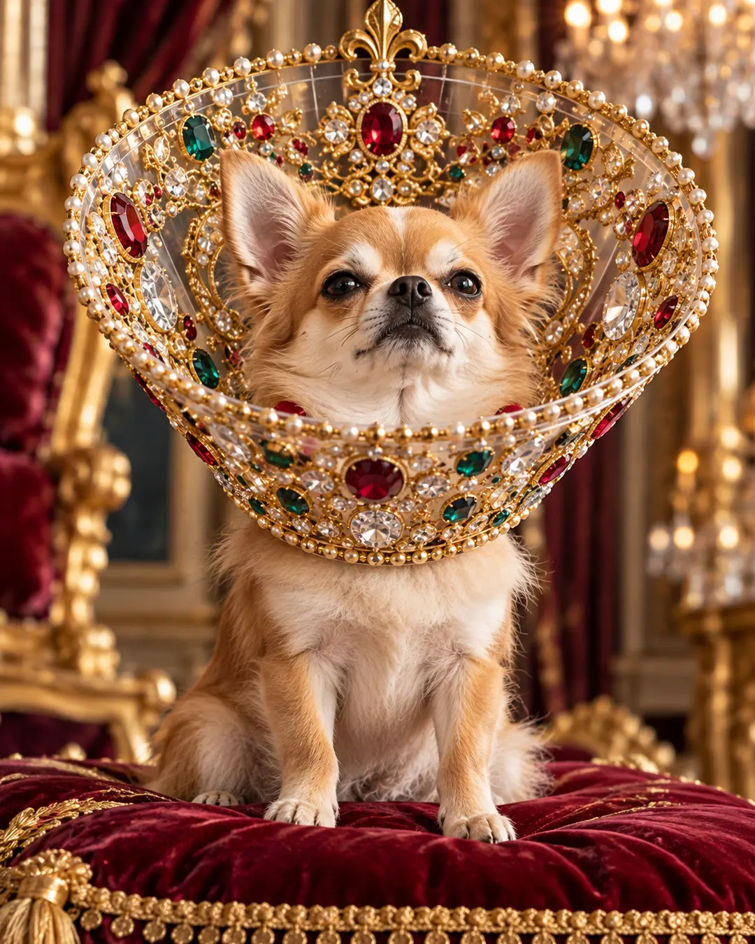 A regal Chihuahua wears a jewel-encrusted golden cone adorned with rubies, emeralds, and pearls while posing on a luxurious red velvet throne.