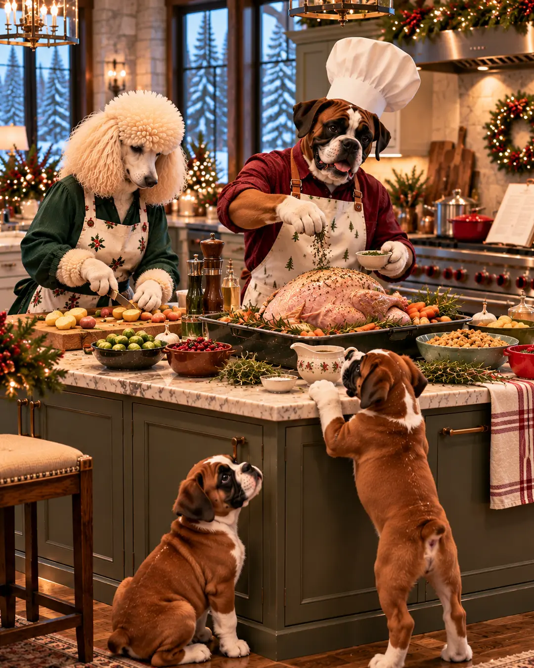 A dog couple prepares Christmas dinner in their festive kitchen, seasoning a turkey and chopping vegetables while two curious puppies beg for a taste.