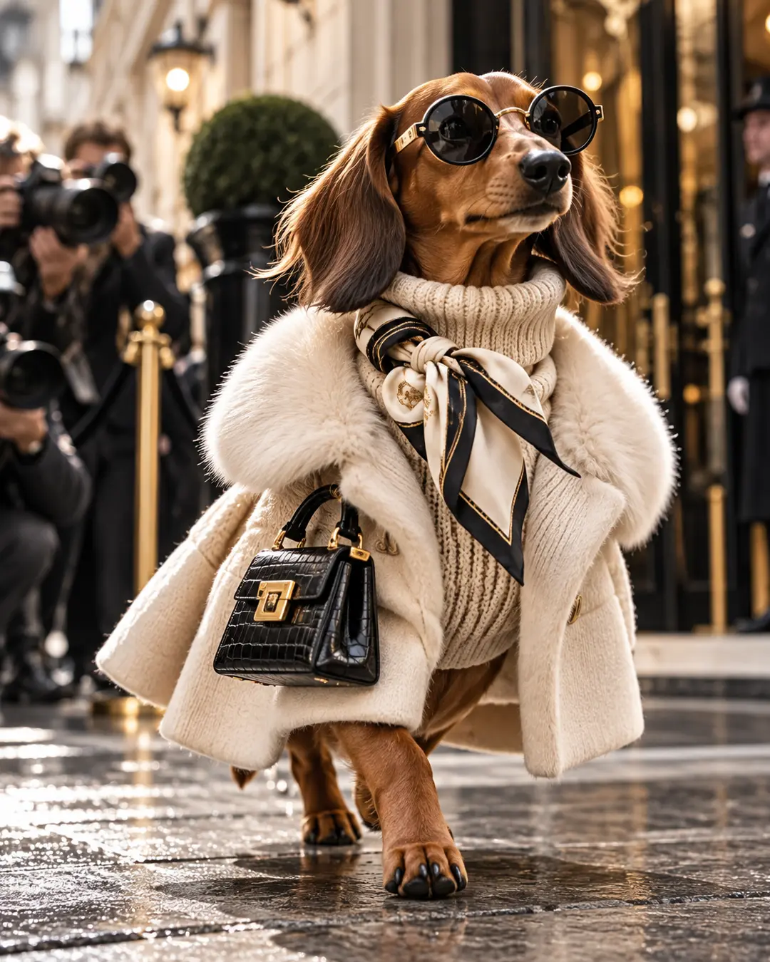 Fashion-forward Dachshund in a cream coat, knit sweater, silk scarf and sunglasses struts past photographers with a tiny black handbag.