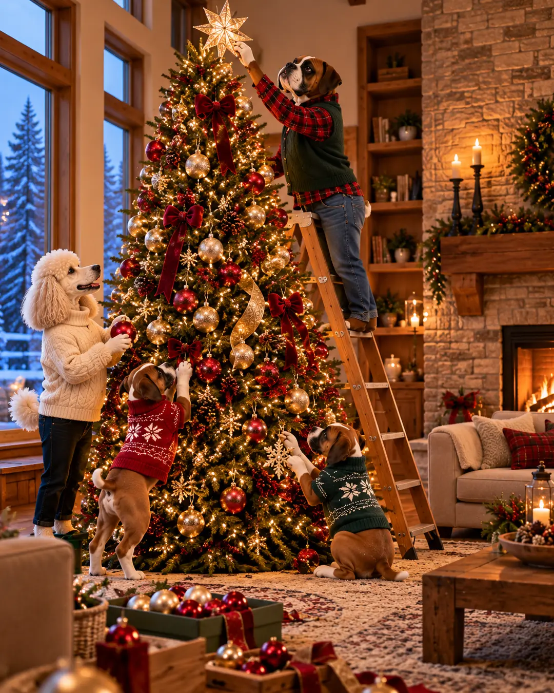 A family of dogs decorates a towering Christmas tree in a cozy luxury home, surrounded by festive ornaments, glowing lights and snowy views.