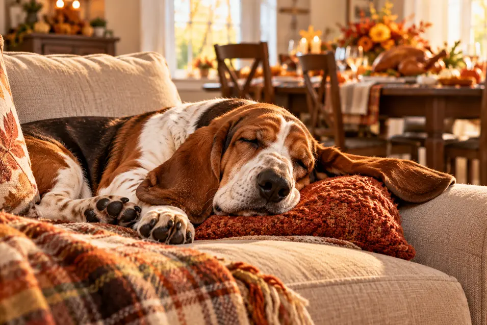 A sleepy Basset Hound naps on a cozy sofa surrounded by autumn pillows and blankets, while Thanksgiving dinner awaits in the background.