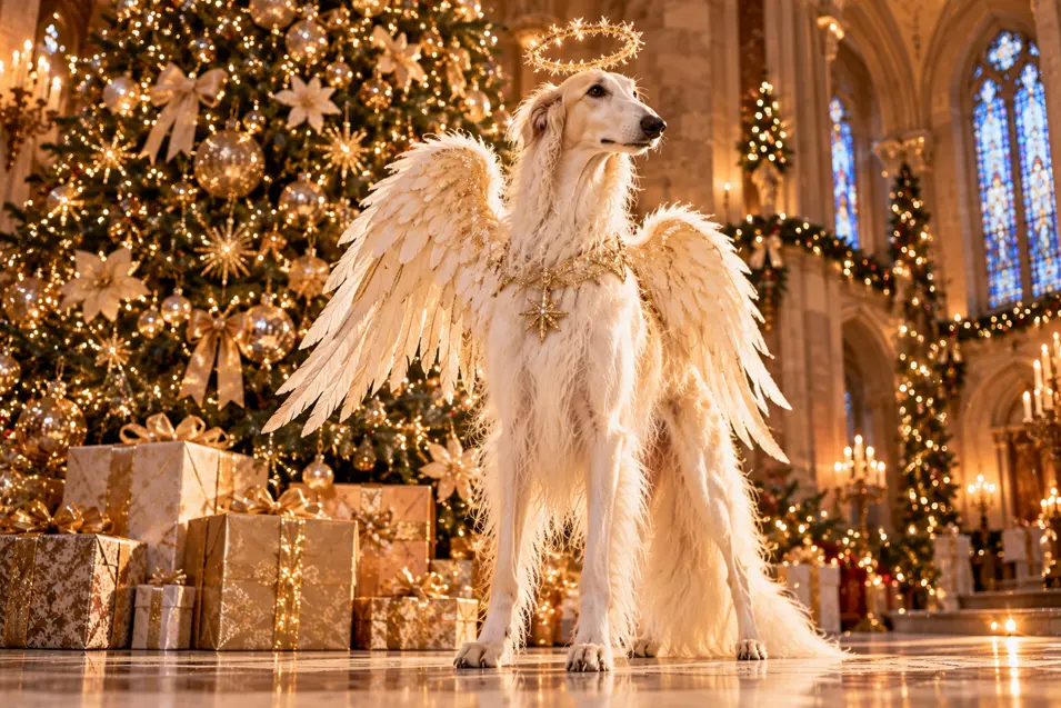 An elegant white Borzoi dressed as a Christmas angel, with feathered wings and a glowing halo, stands beside a magnificent tree in a grand cathedral.