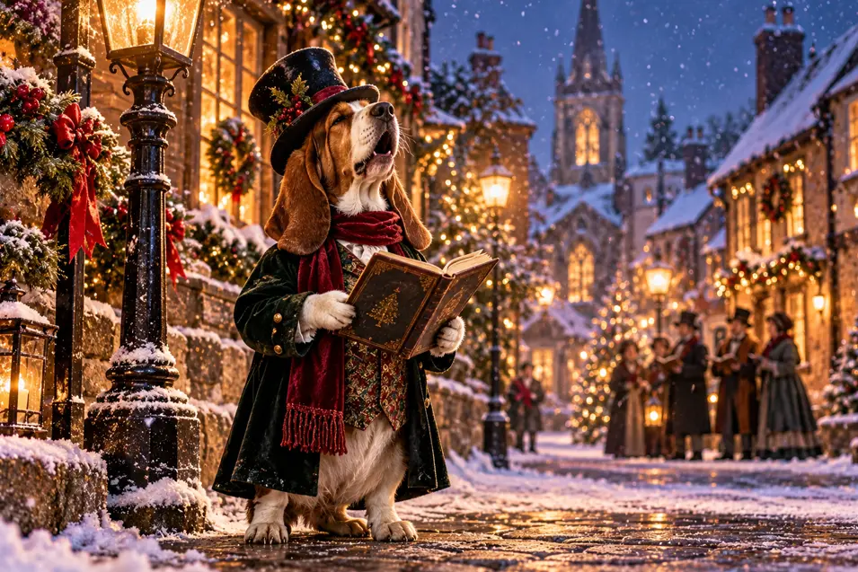 A Basset Hound dressed as a Victorian Christmas caroler sings from a songbook on a snowy, festive village street glowing with holiday lights.