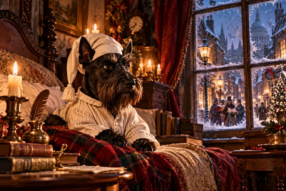A Scottish Terrier dressed as Ebenezer Scrooge sits in bed wearing a nightcap, overlooking a snowy Victorian London street decorated for Christmas.