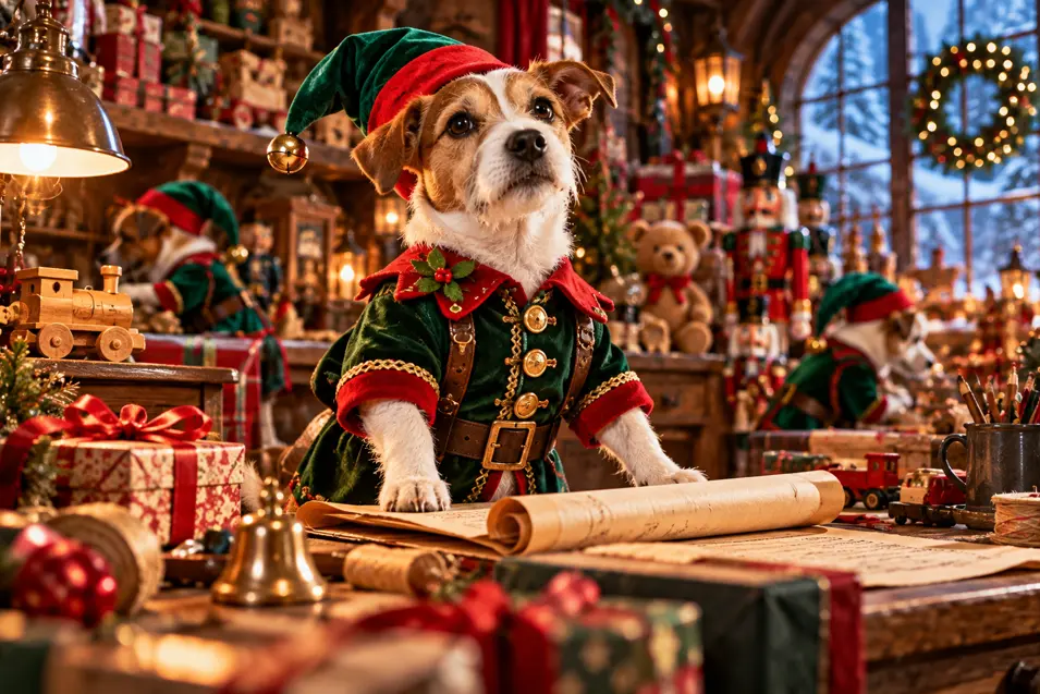 A Jack Russell Terrier dressed as a Christmas elf studies a scroll in Santa’s bustling workshop, surrounded by toys, gifts and fellow elves.