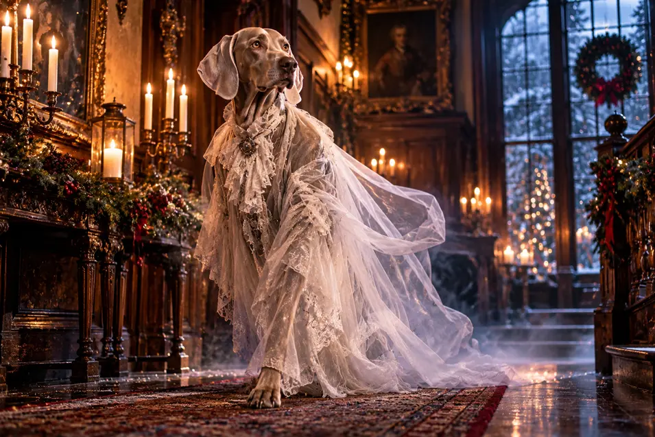 A regal Weimaraner dressed as the Ghost of Christmas Past glides through a candlelit Victorian mansion adorned with festive garlands.