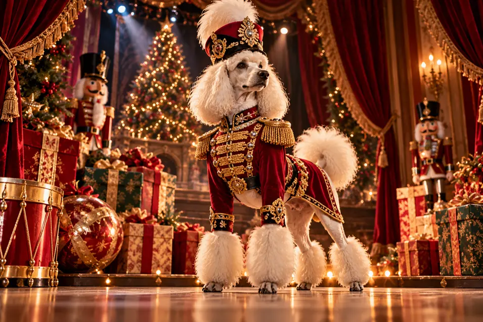 A white Poodle dressed as a magnificent Christmas Nutcracker poses on a festive theatre stage surrounded by presents, decorations and glowing trees.