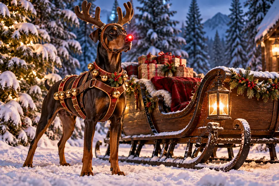 A Doberman dressed as Rudolph, complete with glowing red nose and antlers, stands beside Santa’s gift-filled sleigh in a snowy Christmas forest.