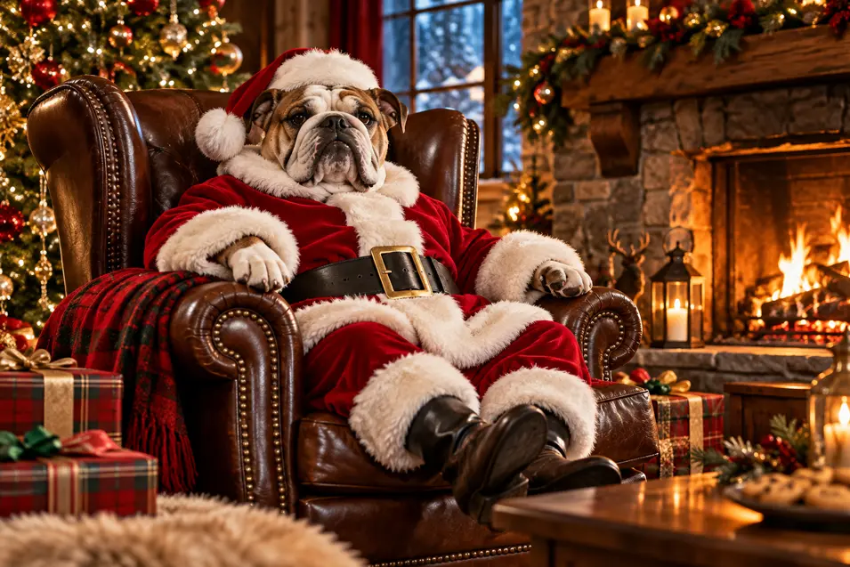 An English Bulldog dressed as Santa relaxes in a leather armchair beside a glowing fireplace and beautifully decorated Christmas tree.