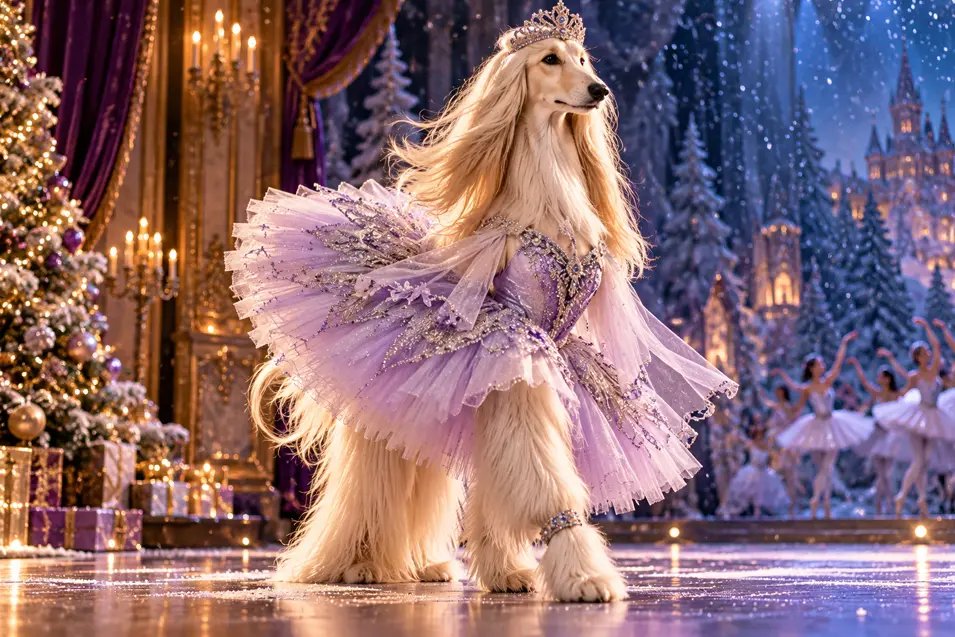 An elegant Afghan Hound in a sparkling lavender tutu and jeweled crown performs on a magical Christmas ballet stage.