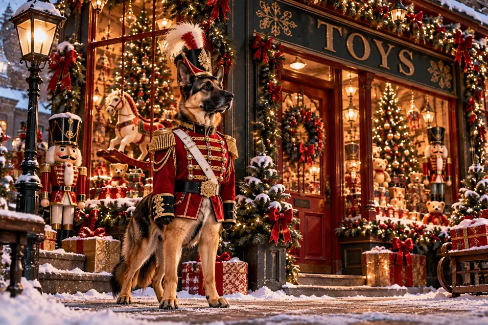 A German Shepherd dressed as a Nutcracker soldier stands proudly outside a beautifully decorated toy shop on a snowy Victorian Christmas street. Is this conversation helpful so far?