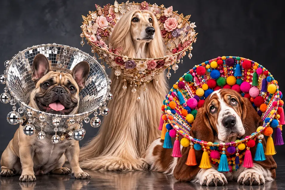 Three stylish dogs pose in extravagant designer cones: a French Bulldog in disco mirrors, an Afghan Hound in florals, and a Basset Hound in colourful pom-poms.