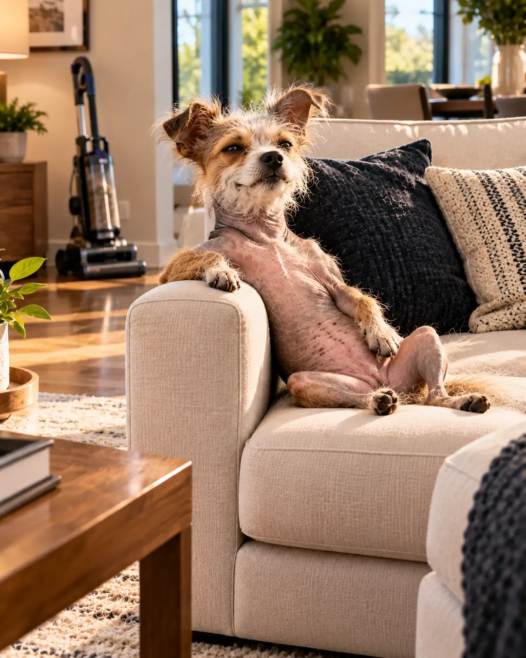 A nearly hairless, freshly groomed dog lounges smugly on a sofa, enjoying a fur-free life while the vacuum cleaner waits in the background.