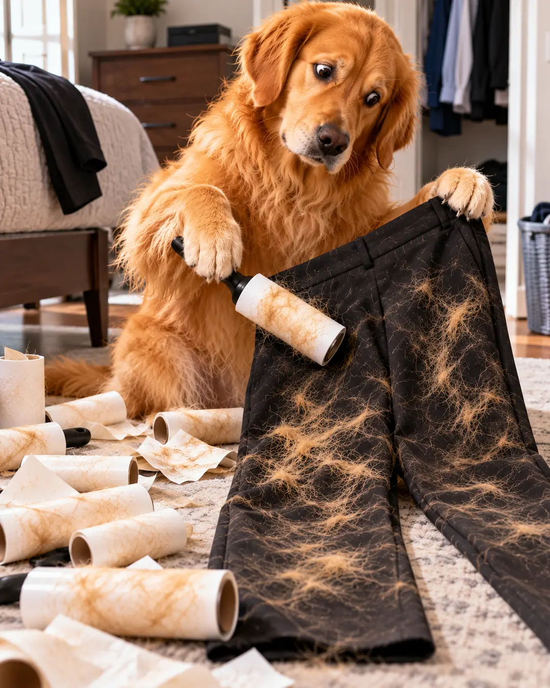A bewildered Golden Retriever uses a lint roller on fur-covered black pants, surrounded by countless sticky sheets in a messy bedroom.