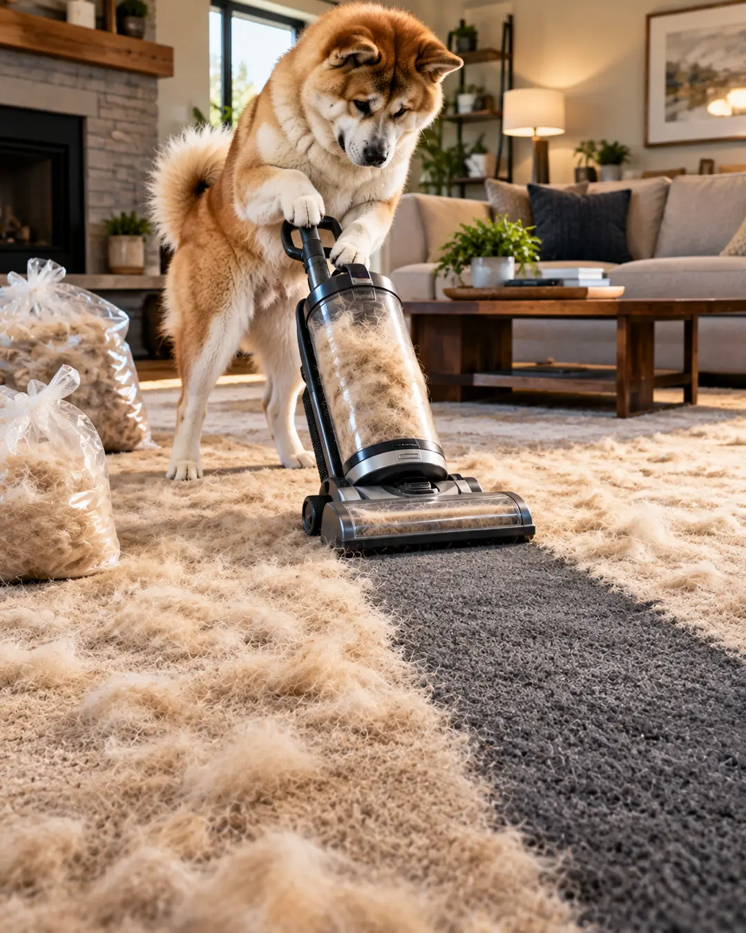 A determined Akita vacuums mountains of shed fur from a living room carpet, surrounded by bags of collected hair and an overflowing vacuum cleaner.