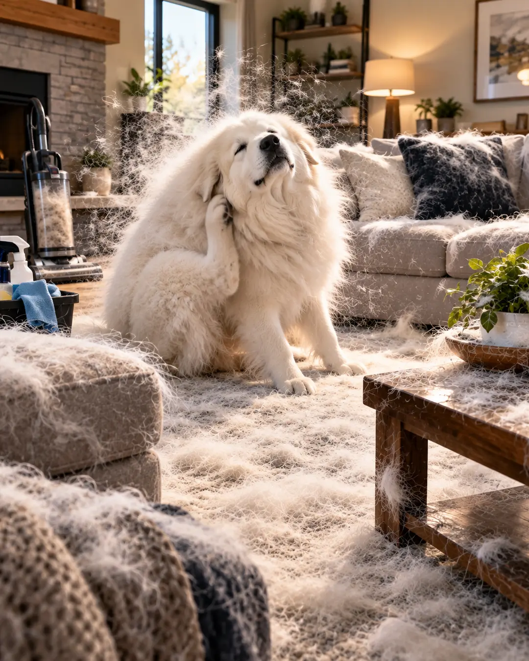 A fluffy Great Pyrenees scratches itself, sending clouds of white fur flying across a living room already buried in shed hair.