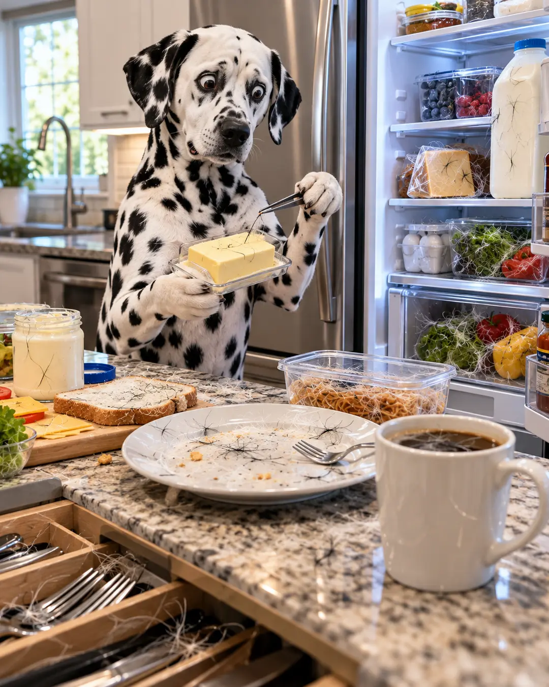 A horrified Dalmatian discovers dog hair in the butter, food, coffee and refrigerator, realizing that shedding has invaded every corner of the kitchen.