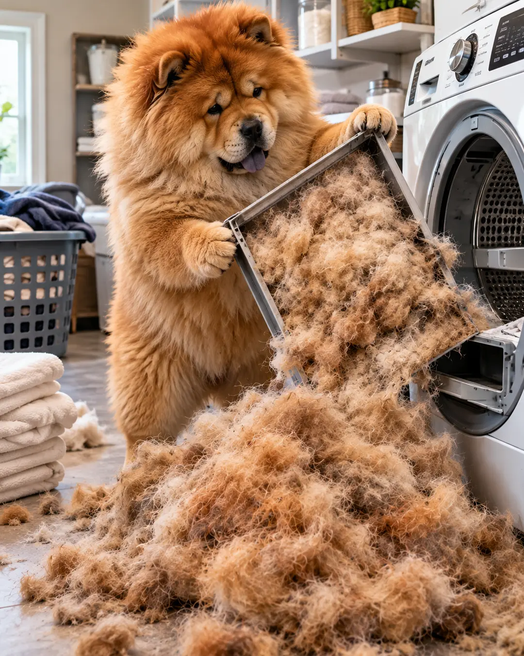 A frustrated Chow Chow empties a dryer lint trap overflowing with golden fur, creating a massive mountain of dog hair across the laundry room floor.