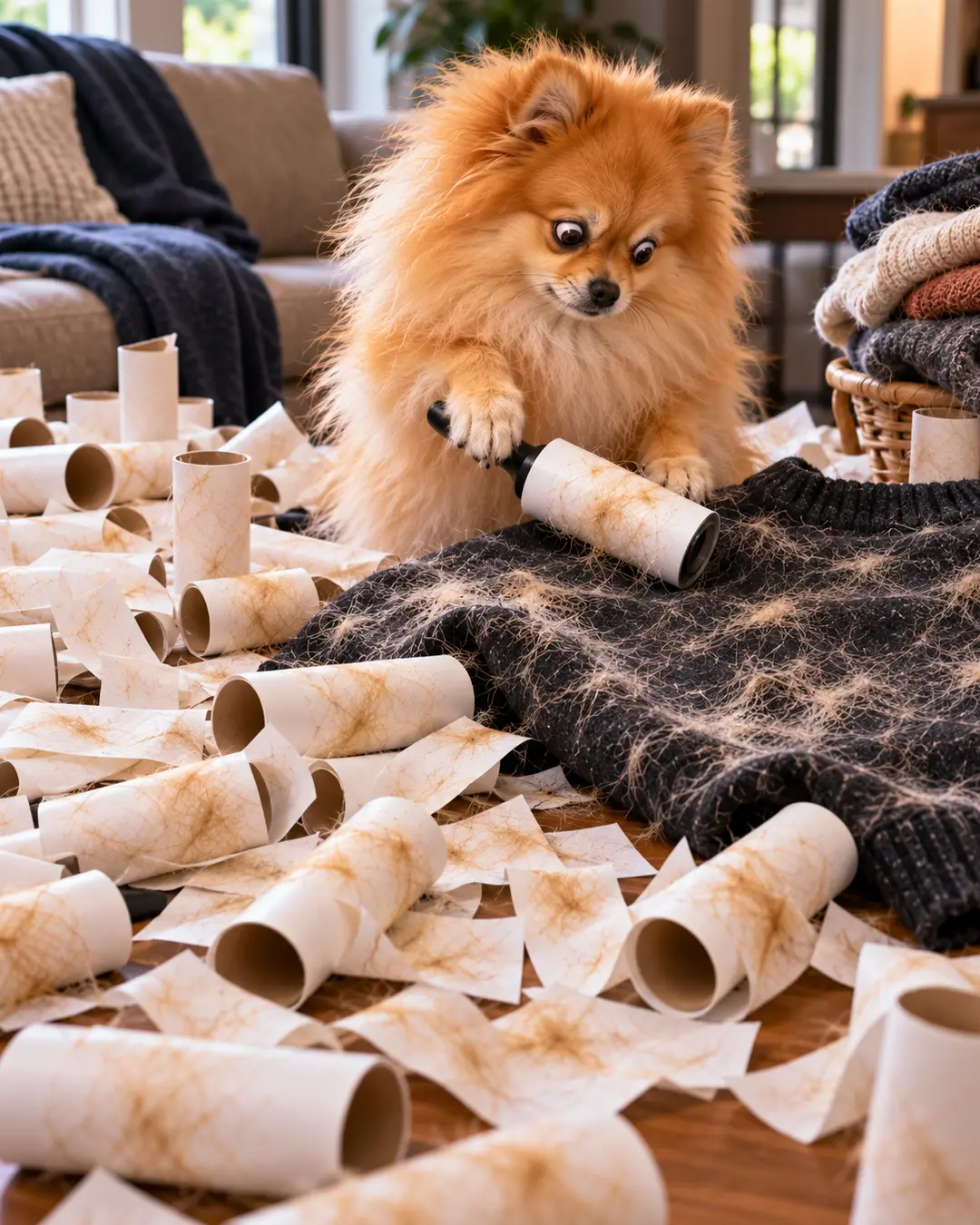 A wide-eyed Pomeranian struggles to remove fur from a black sweater with a lint roller, surrounded by mountains of used sticky sheets.