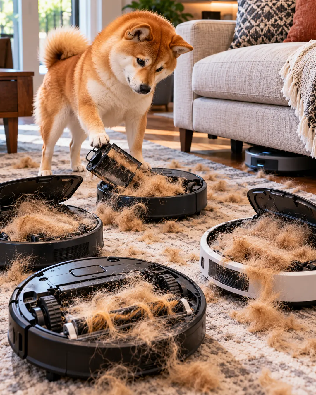 A frustrated Shiba Inu empties a fur-clogged robot vacuum, surrounded by overflowing machines and piles of shed hair scattered across the living room.