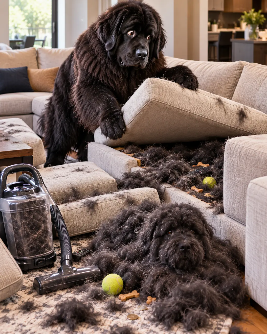 A stunned Newfoundland lifts a sofa cushion to discover mountains of black fur, hidden toys and another furry dog buried in the mess. Do you like this personality?