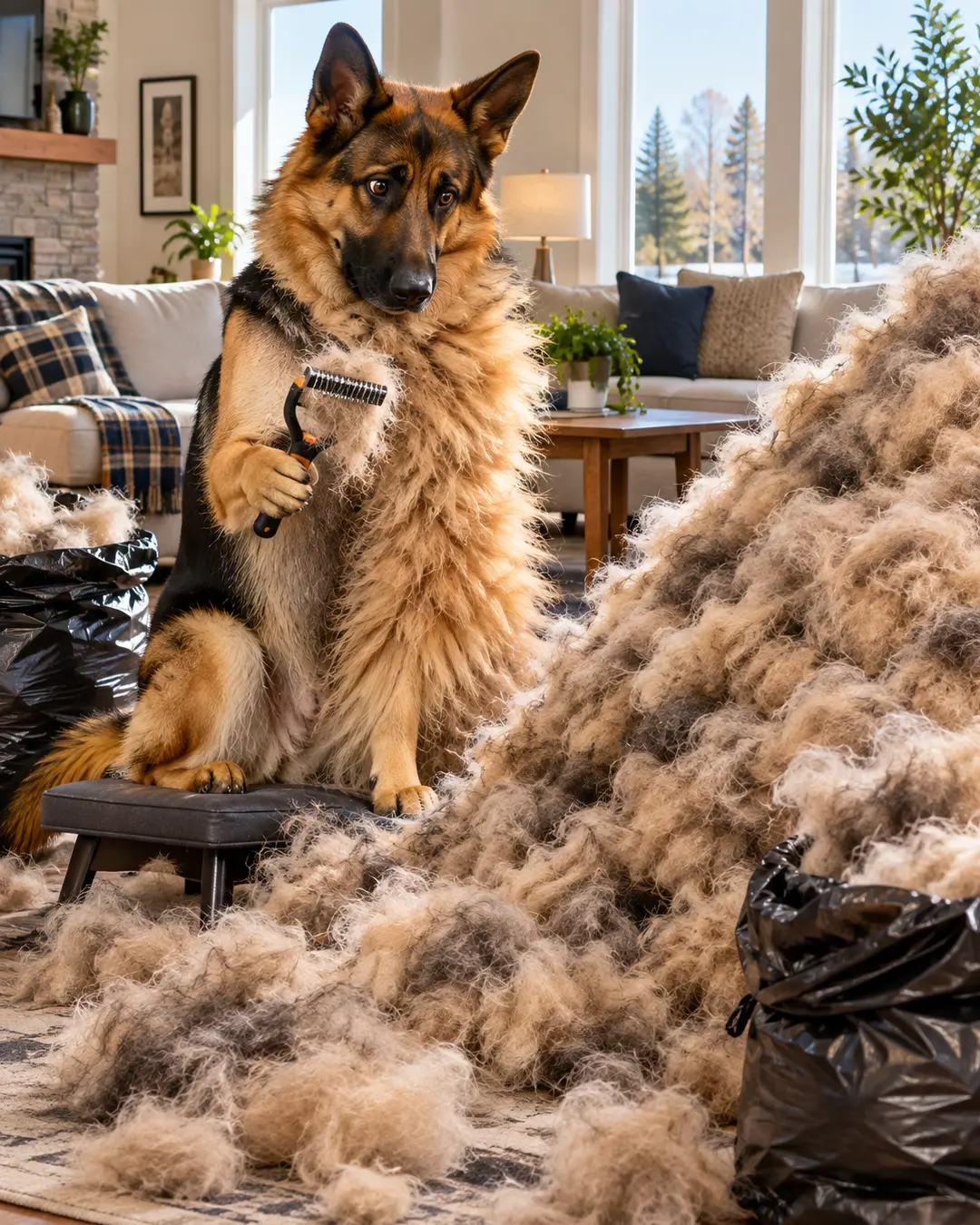 A German Shepherd stares in disbelief at a mountain of shed fur, holding a grooming brush amid overflowing bags of dog hair.