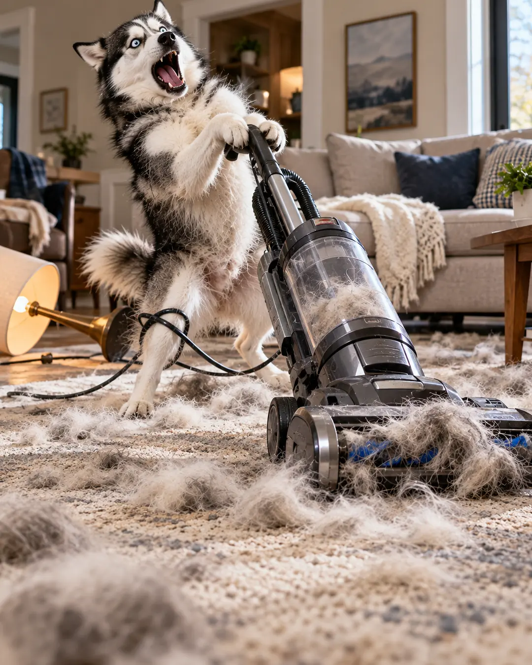 A horrified Husky battles a fur-clogged vacuum cleaner, surrounded by mountains of shed hair in a chaotic living room.