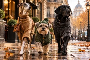 Three stylish dogs in cozy knitwear stroll together along a rain-slicked Paris street surrounded by golden autumn leaves.