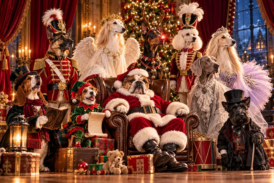A festive gathering of ten dogs dressed as Christmas characters, including Santa, Rudolph, angels, toy soldiers, and a ballerina, in a grand holiday room.