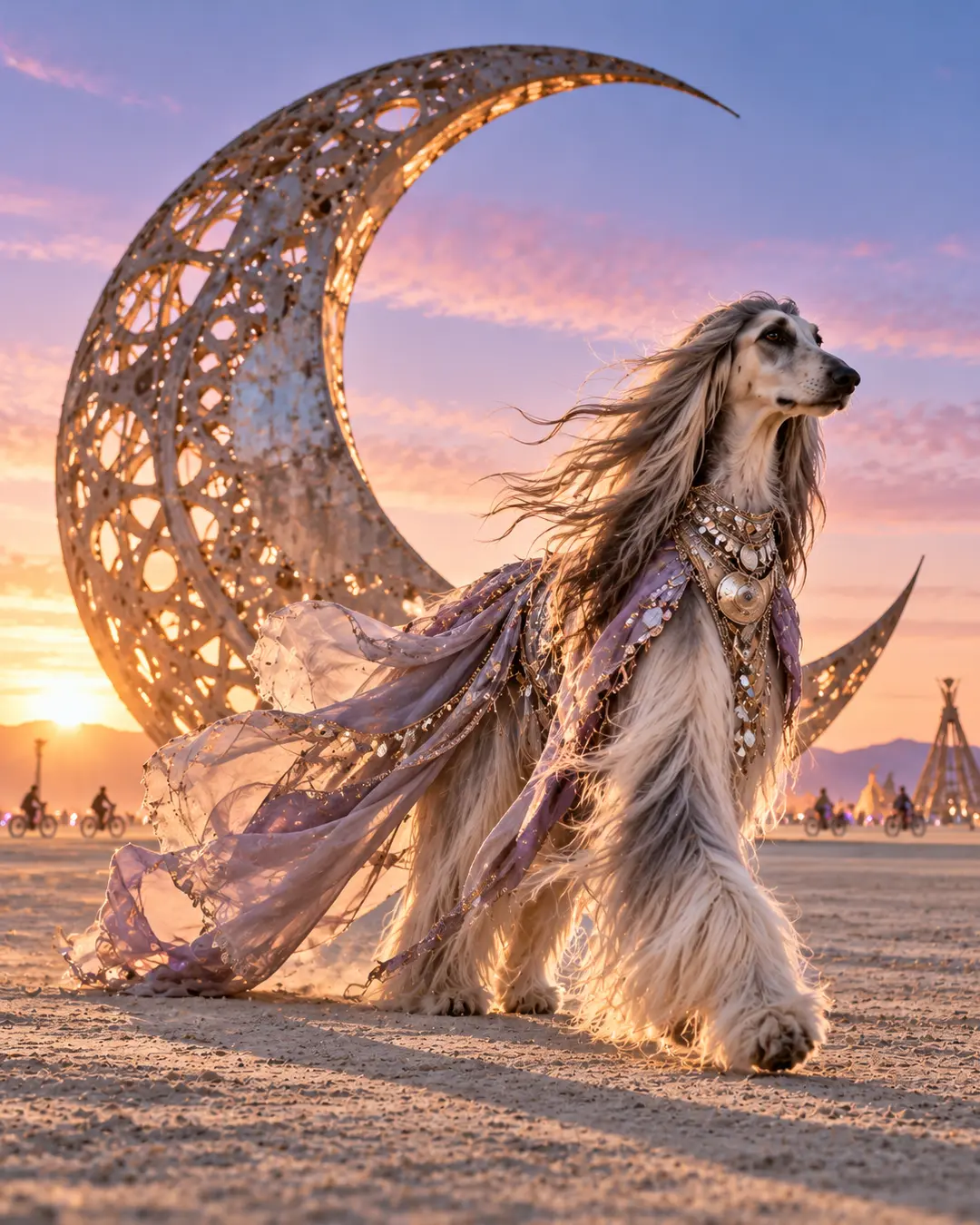An elegant Afghan Hound in flowing lavender couture poses before a glowing crescent moon sculpture at sunset on the Burning Man playa.