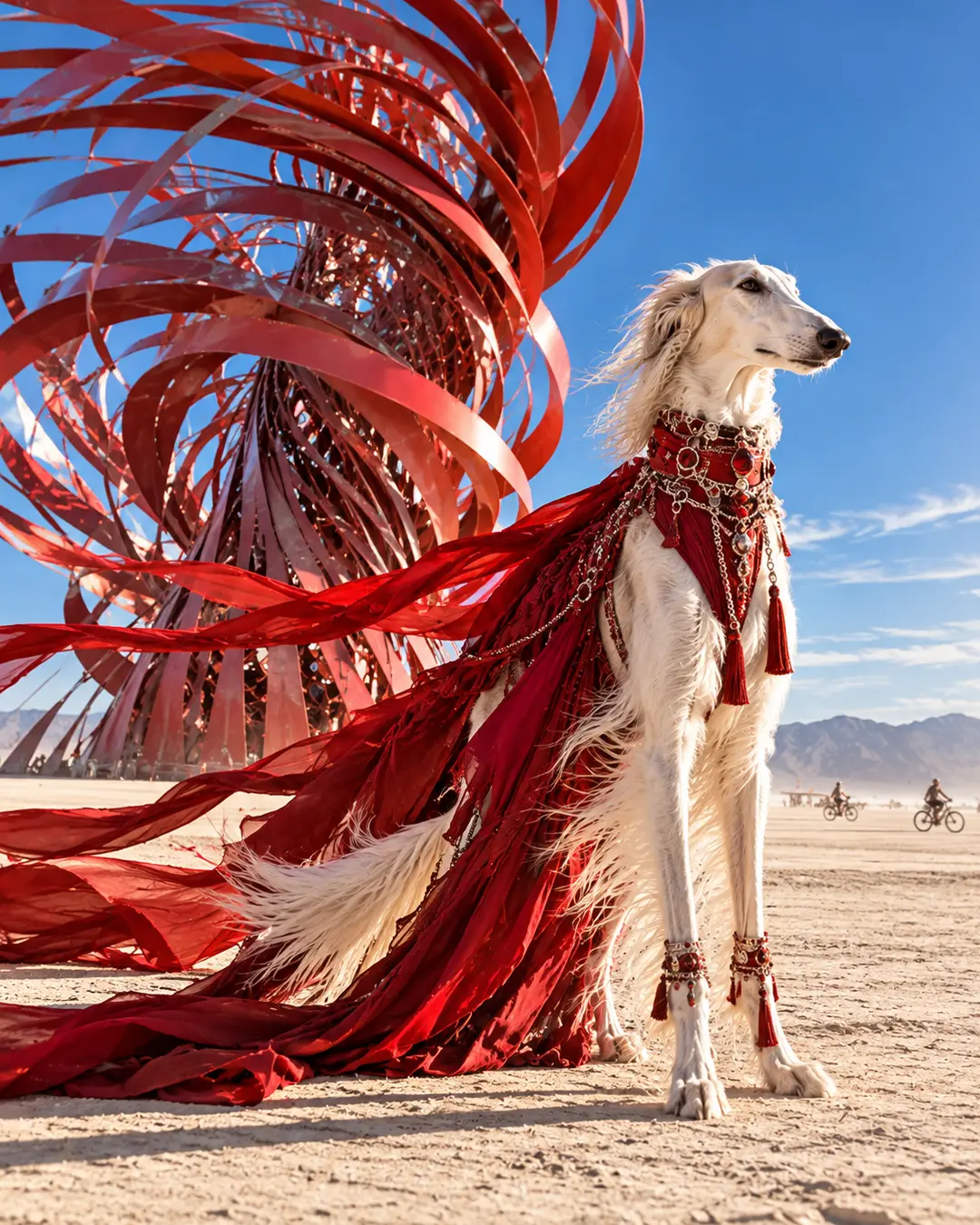 A graceful white Borzoi wears flowing red desert couture beside a towering crimson art installation on the sunlit Burning Man playa.