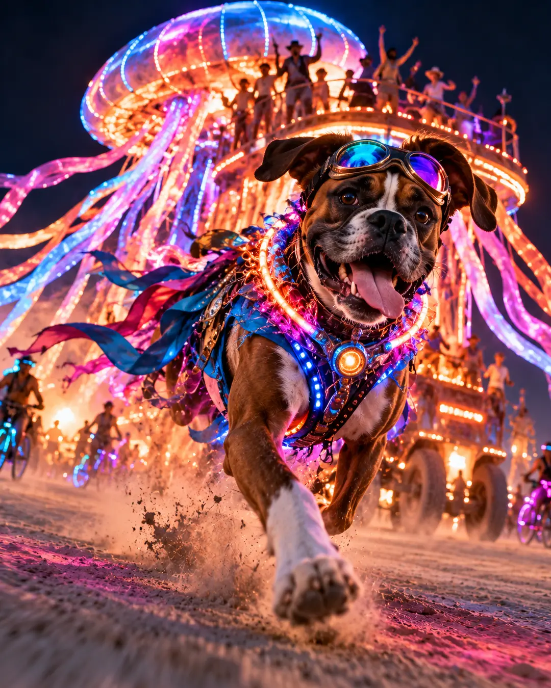 A goggle-wearing Boxer charges across the playa in glowing festival gear as a massive neon jellyfish art car erupts behind him.