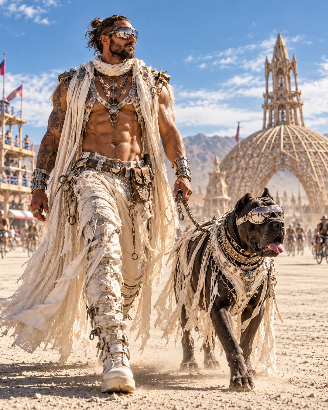 A man and his goggle-wearing dog stride across the Burning Man playa in matching white desert gear, surrounded by art and cyclists.