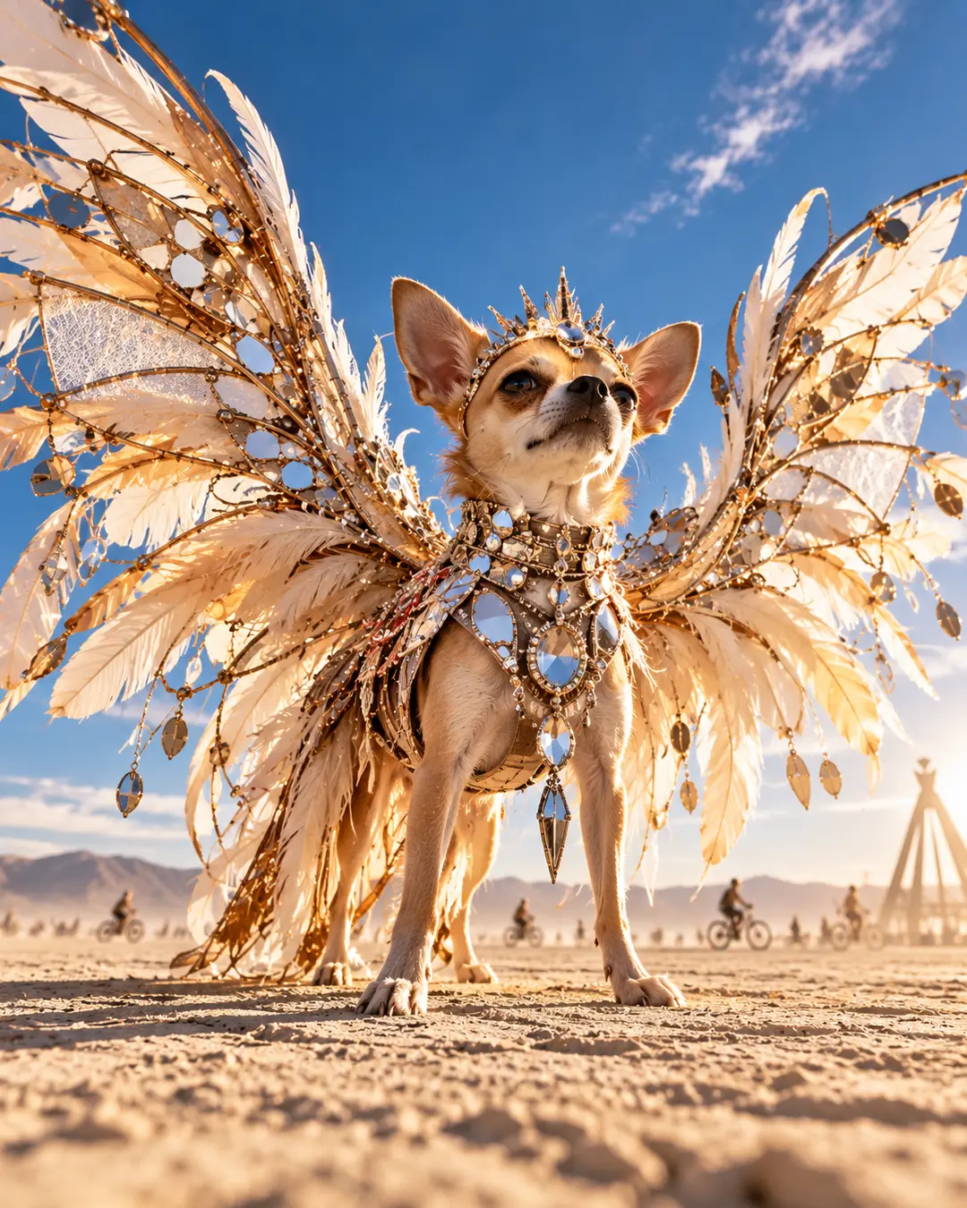 A tiny Chihuahua wears extravagant feathered wings and jeweled armor, striking a regal pose on the sunlit Burning Man playa.