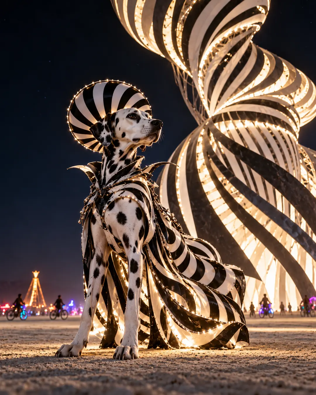 A Dalmatian in dramatic black-and-white couture poses beneath a glowing spiral sculpture on the Burning Man playa at night.