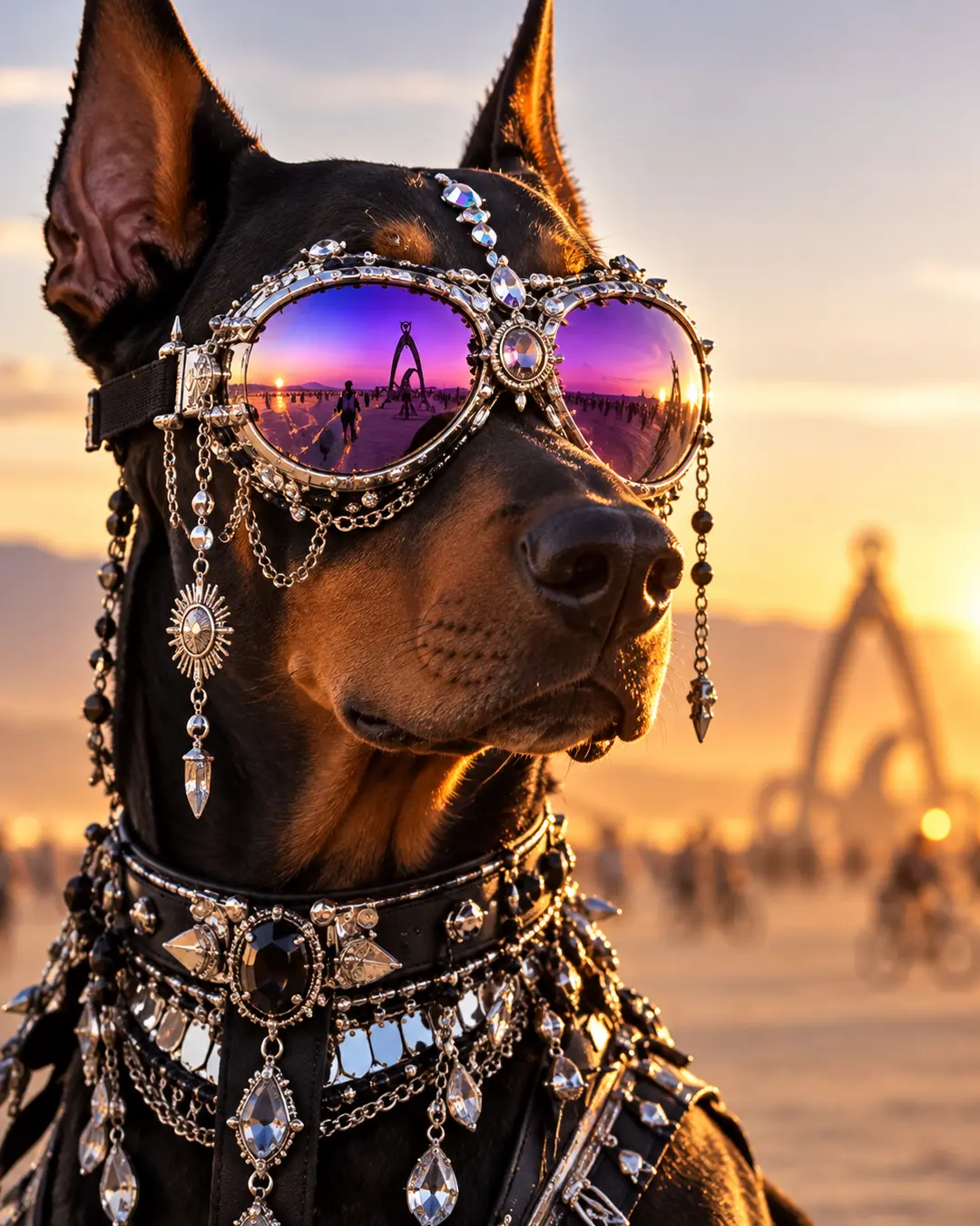 A jeweled Doberman wears elaborate mirrored goggles and crystal-studded gear against the glowing sunset and surreal art of Burning Man.